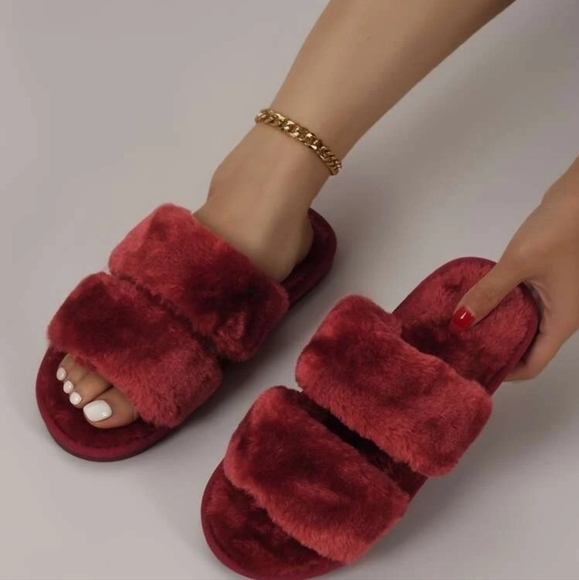 Burgundy Fluffy Slippers - Picture 1 of 6